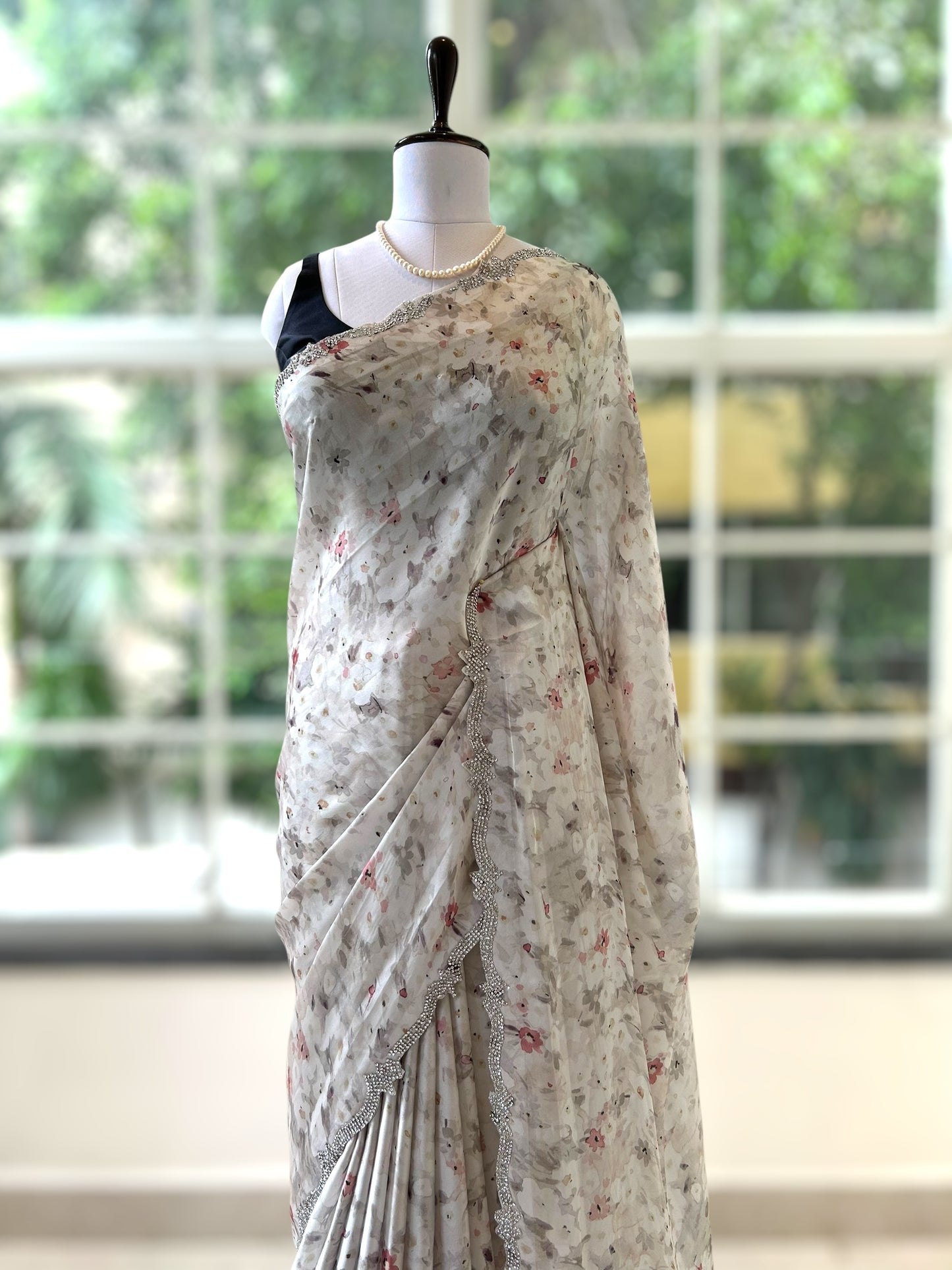 White floral satin saree