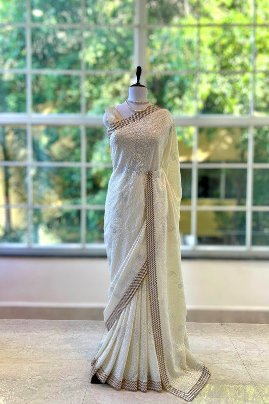 Embellished threadwork saree - White