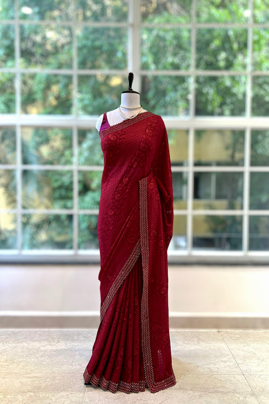 Embellished threadwork saree - Crimson